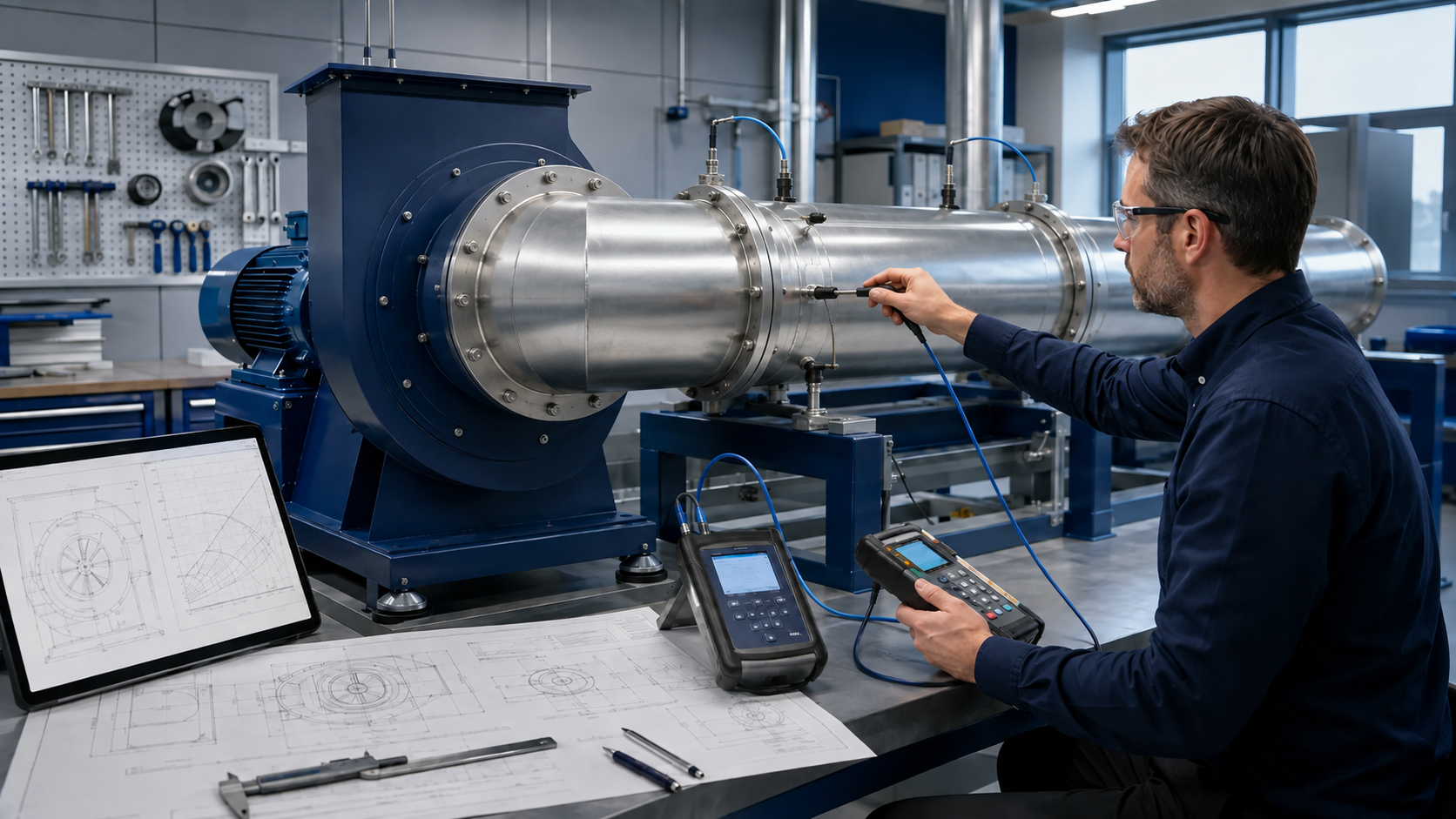 Engineer testing a centrifugal fan with the duct correctly connected to the round suction inlet and the rectangular discharge pointing upward