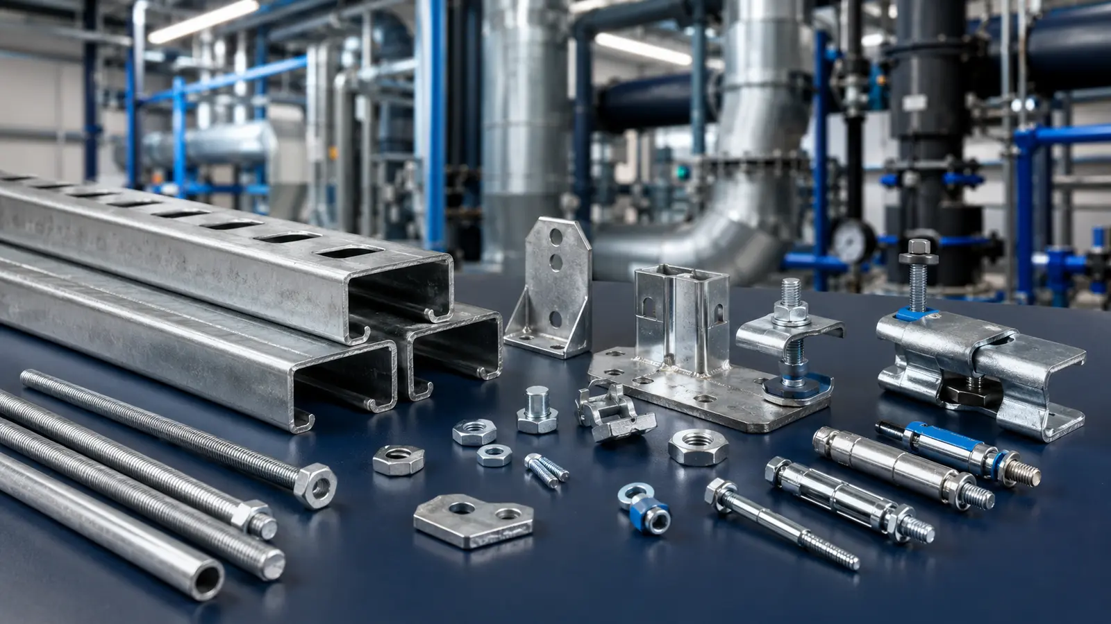 Galvanized strut channels, threaded rods, brackets and MEP support hardware