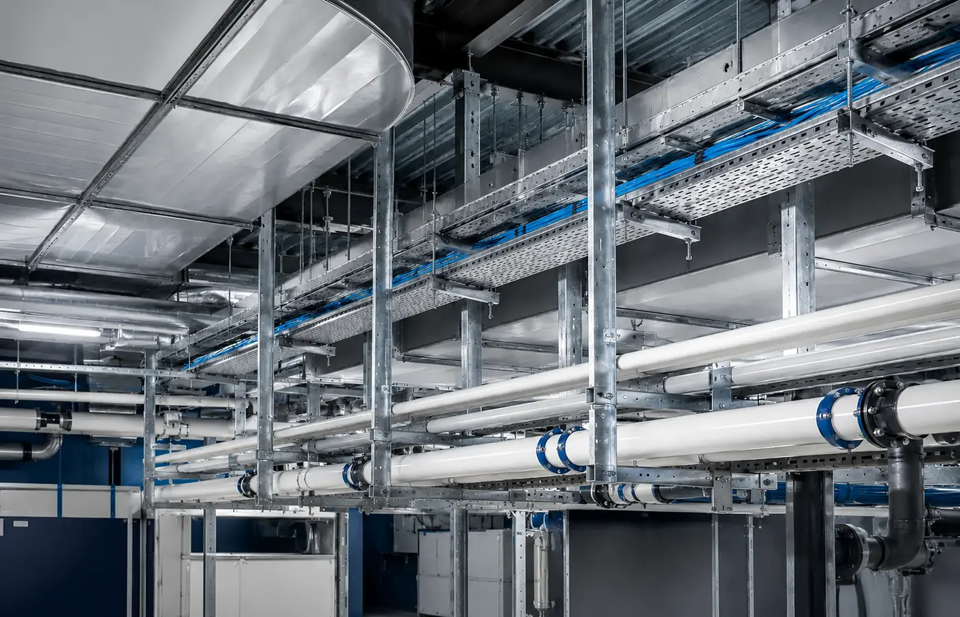 MEP support system with galvanized Support Profiles, HVAC duct, piping and cable tray