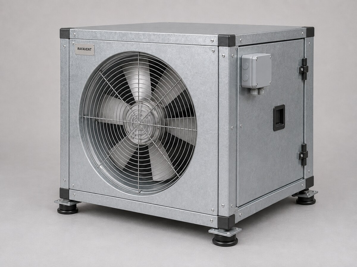 RAFAVENT high-duty boxed axial fan in a galvanized acoustic enclosure