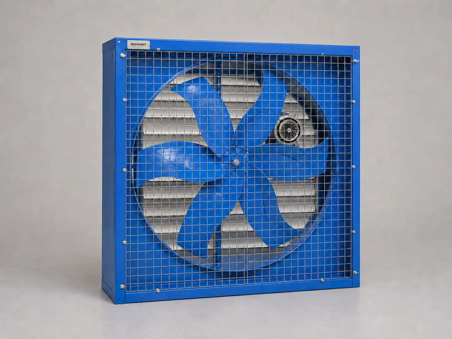 RAFAVENT large-diameter belt-driven agricultural axial fan with blue six-blade impeller, front guard and rear aluminium shutter